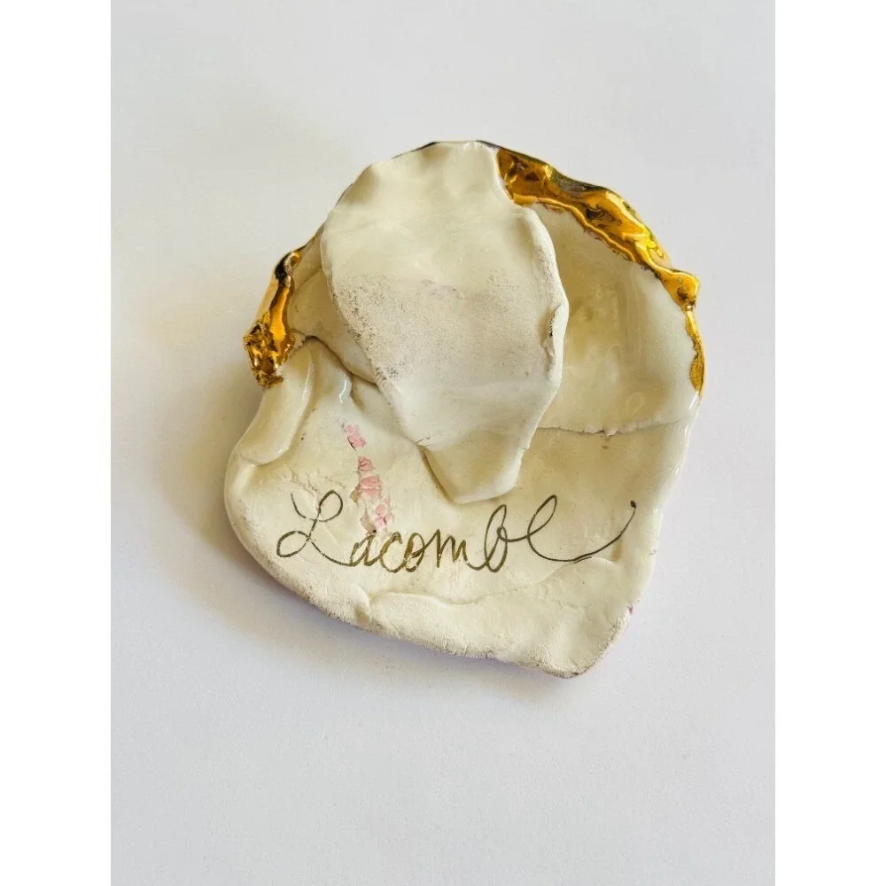 VTG Estate Lacombe pendant necklace Ceramic 24k gold plated pink pastel large‎
